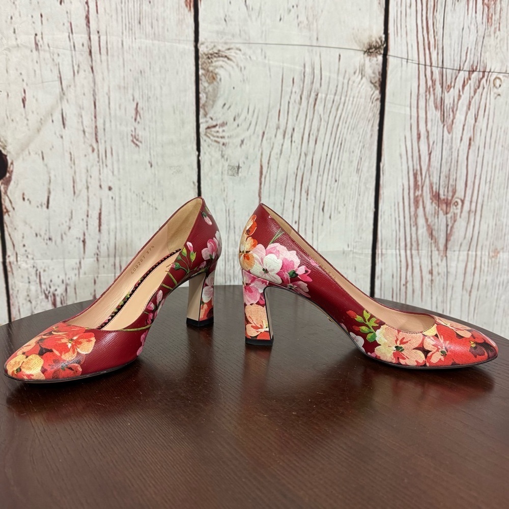 GUCCI BLOOM women’s Napa leather Red Floral 3” Heels Round Toe in size 37.5 - Picture 11 of 17